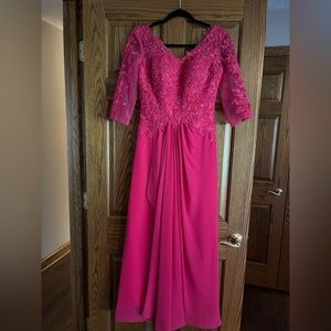 Fuchsia Raspberry Tone Embellished Formal Gown with 3/4 Length Sleeves -Size 6